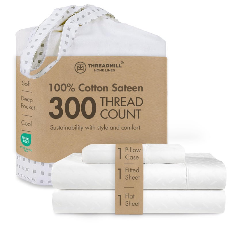 Threadmill Cotton Twin XL Sheet Set | 100% Cotton Sheets for Twin XL Size Bed | Damask Jacquard Sateen Twin XL Bed Sheets Set with 16â€ Deep Pocket | Soft Breathable 3-Piece Cooling Sheet Set | White - Image 1